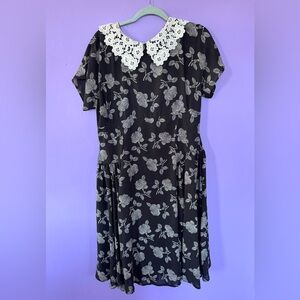 Floral Black and White Dress with Lace Collar